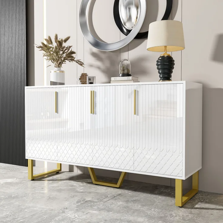 Flieks Hochglanz-Sideboard, 4 Türen, 3D-Geometriefronten und Metallfüßen, 140 x 40 x 80 cm, Weiß