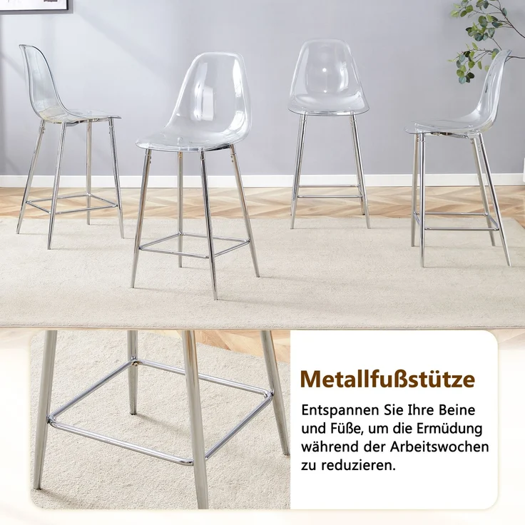 Transparente Barhocker Set, 2er Pack, mit Metallgestell in Silber/Gold/Schwarz, Moderne Design-Stühle für Küche, Bar oder Esszimmer (Nur Stühle, ohne Tisch)--Silber--51x45x102cm--YOUDENOVA – Bild 4