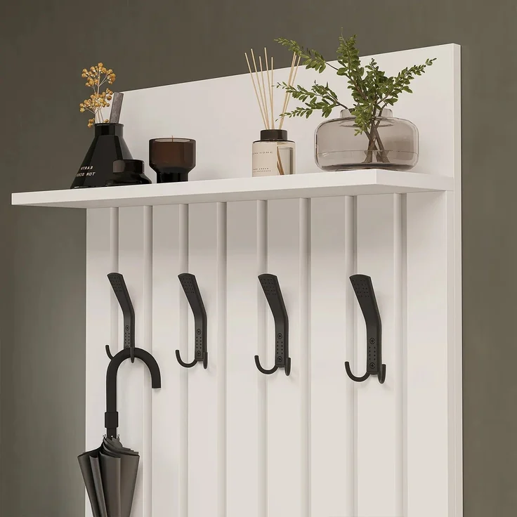 Roomart NORD Garderobenpaneel 130 cm – Wandgarderobe mit 4 Doppelhaken & Hutablage in Lamellenoptik – H 130 x B 69.2 x T 18.6 cm • Weiß – Bild 3
