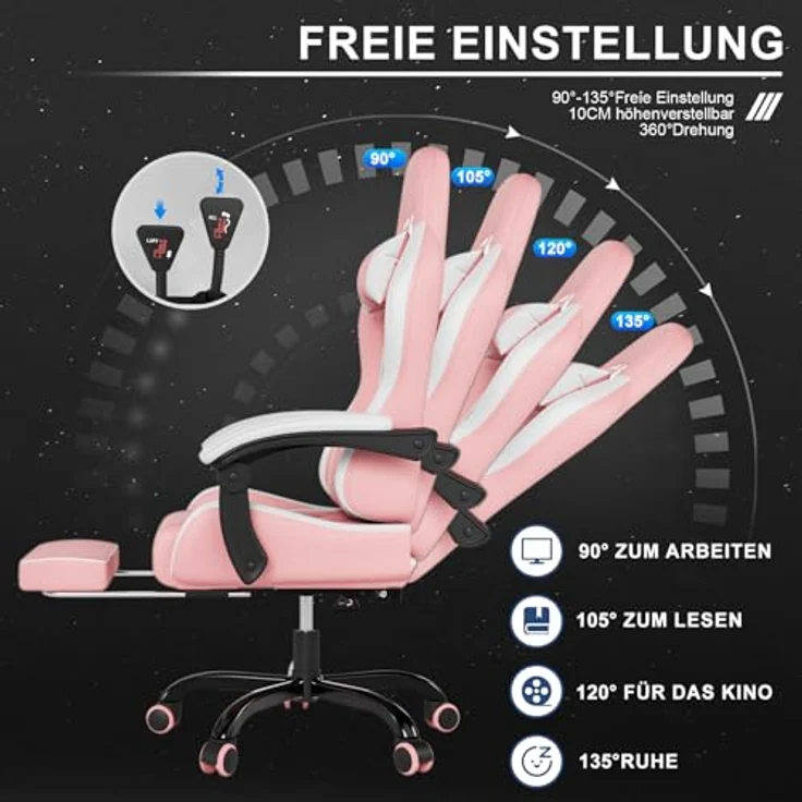 JUMMICO Gaming Stuhl, Bürostuhl Ergonomisch Mit Massagefunktion, Gamer Stuhl verstellbare Rückenlehne 90-135°,und fußstütze, Gamingstuhl 150 kg belastbarkeit, rosa – Bild 6