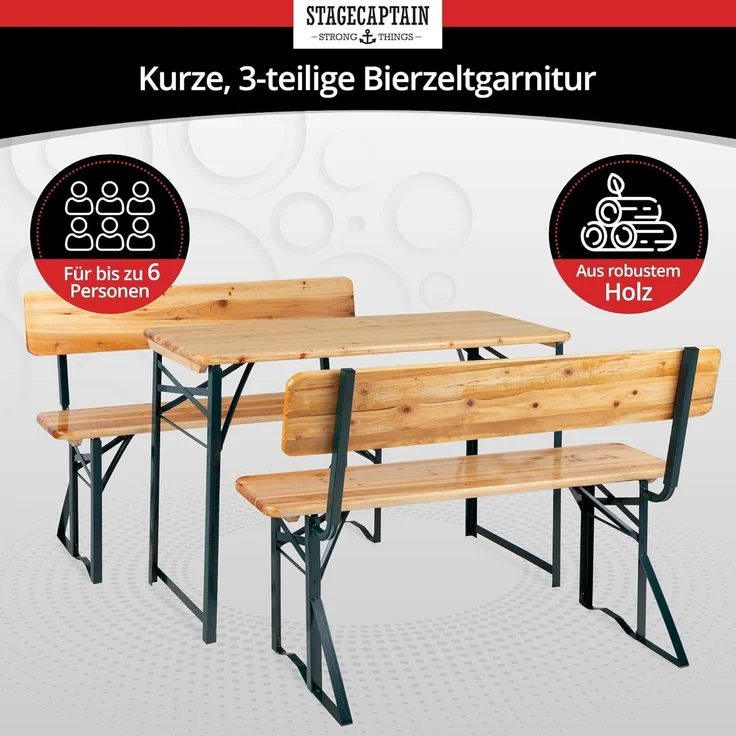 Stagecaptain 'Hirschgarten' Bierzeltgarnitur mit Lehne, Holz, 119 x 44,5 x 75,5 cm, 2x Bank, 1x Tisch, Natur – Bild 2