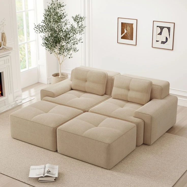 Cloud Modulsofa Boneless U-förmiges Sofa,bequemes Corduroy-Cloud-Sofa Modulares Sofa mit Ottoman Modulares Zweisitzer-Sofa 2-Sitzer Sofa mit Tiefem Sitz für Wohnzimmer Montagefreies Sofa,Corduroy,Beige, – Bild 3