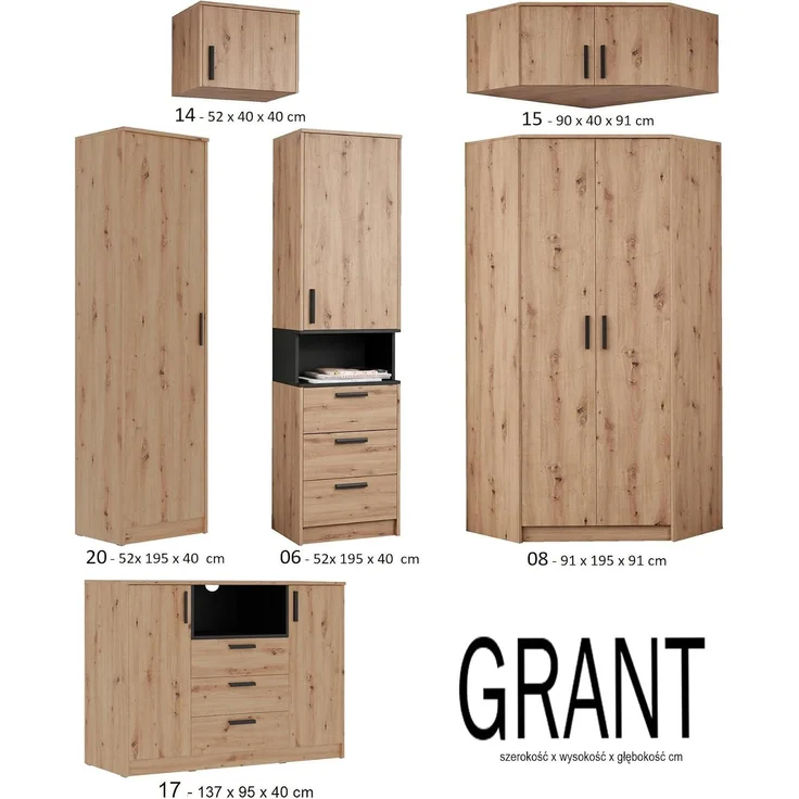 Marmex Möbel Grant Set-43A Eckkleiderschrank und 1-türiger Kleiderschrank mit ausziehbarer Kleiderstange – modernes Garderoben-Set, laminierte Spanplatte, artisan, 143/91x195x40 cm – Bild 5
