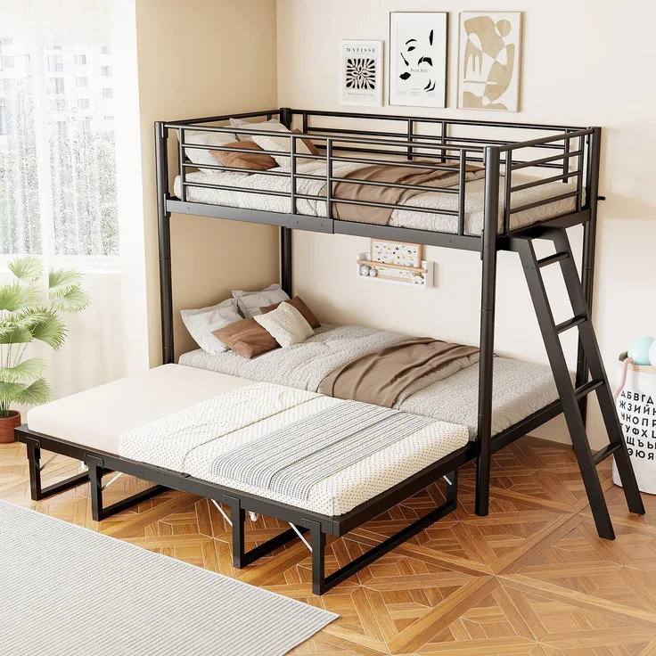 EINHOM Metall-Etagenbett mit Ausziehbett, 90 x 200, ausziehbares Gästebettgestell, platzsparendes Kinderetagenbett für mehrere Personen, ideal für Kinderzimmer und kleine Räume Schwarz (Ohne Matratze)