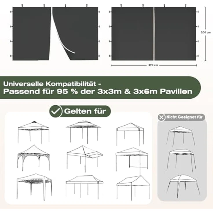 Sekey 2PCS Seitenwände für Pavillon 3x3 Wasserdicht Winterfest, Seitenwände für Pavillon Partyzelt Gartenzelt 3x3 m, 1 Fenster 1 Tür, Grau (Schwarz, 2 Türen) – Bild 3
