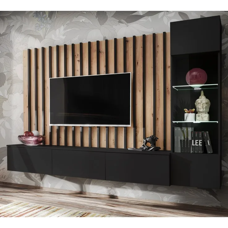 Wohnwand Pearl in schwarz und Artisan Eiche 220 cm