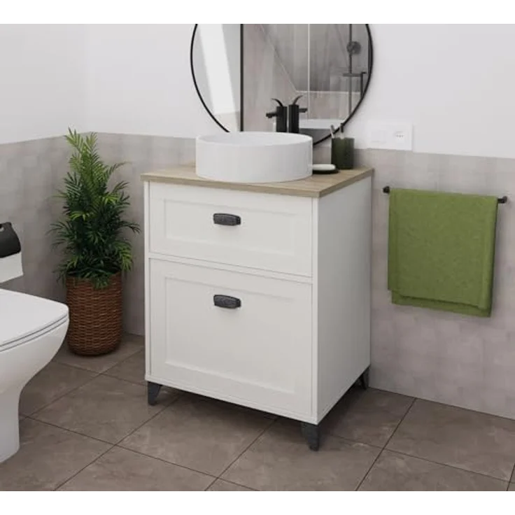 MUEBLES PITARCH Badezimmerschrank, 60 cm breit, mit Beinen, Schubladenführungen mit Softclose, 1 Tür, für Aufsatzwaschbecken, Weiß und Eiche Cambrian, Vintage-Stil, toskanisches Modell – Bild 2