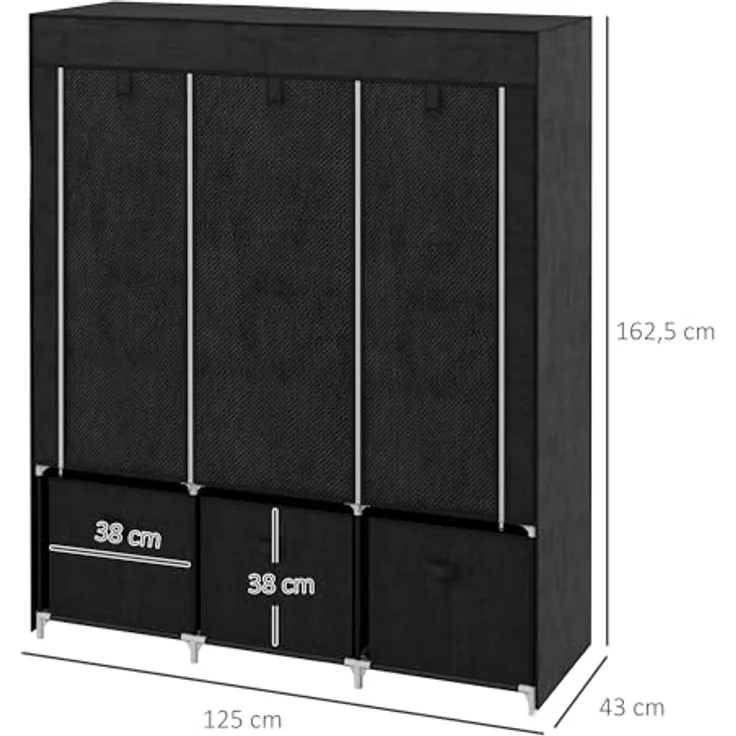 HOMCOM Stoffschrank Kleiderschrank mit Kleiderstangen und Schubladen (Faltbare Garderobe, 1-St, Faltschrank) Schwarz, 125 x 43 x 162,5 cm – Bild 8