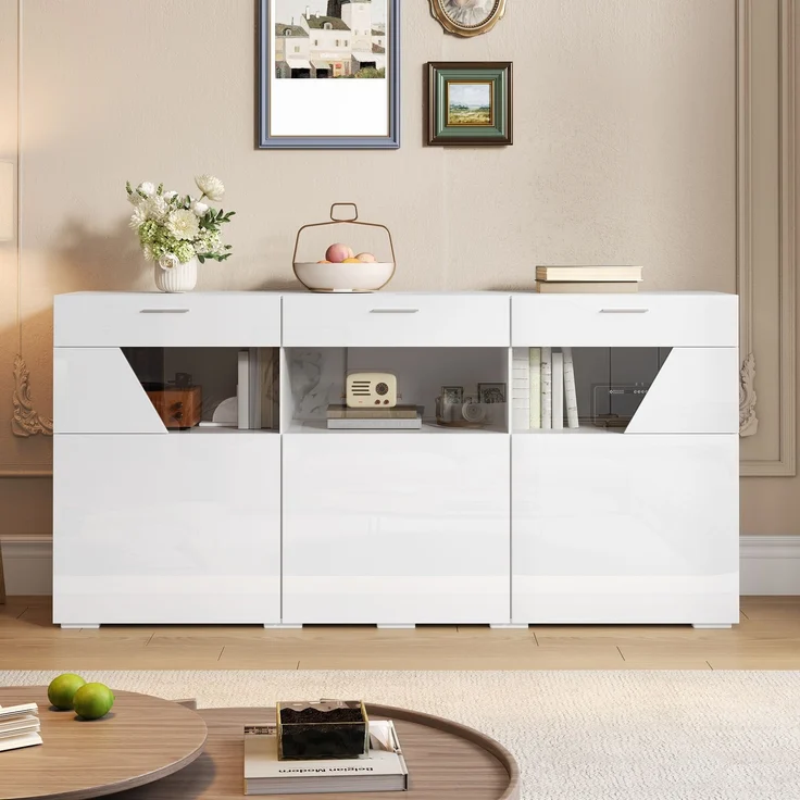ZUBALIYA Sideboard 160x38x78 cm, mit LED-Beleuchtung, Hochglanz, mit 3 Türen, aus Spanplatte, Weiß – Bild 11
