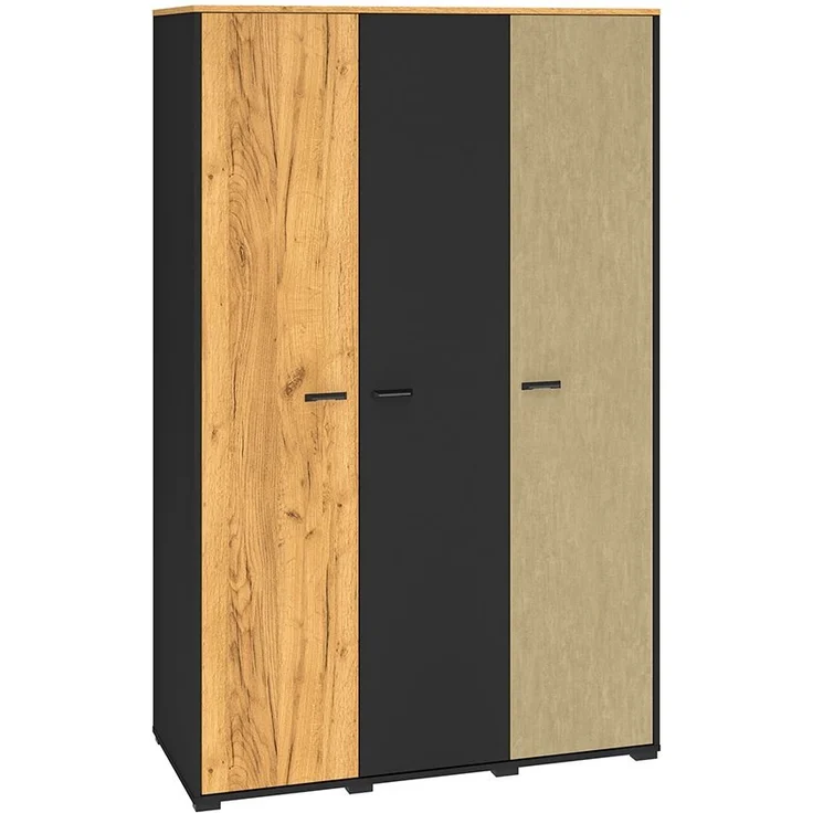 Kleiderschrank 3-türig, schwarz mit Eiche und sandfarben, CASPER-131 – Bild 1