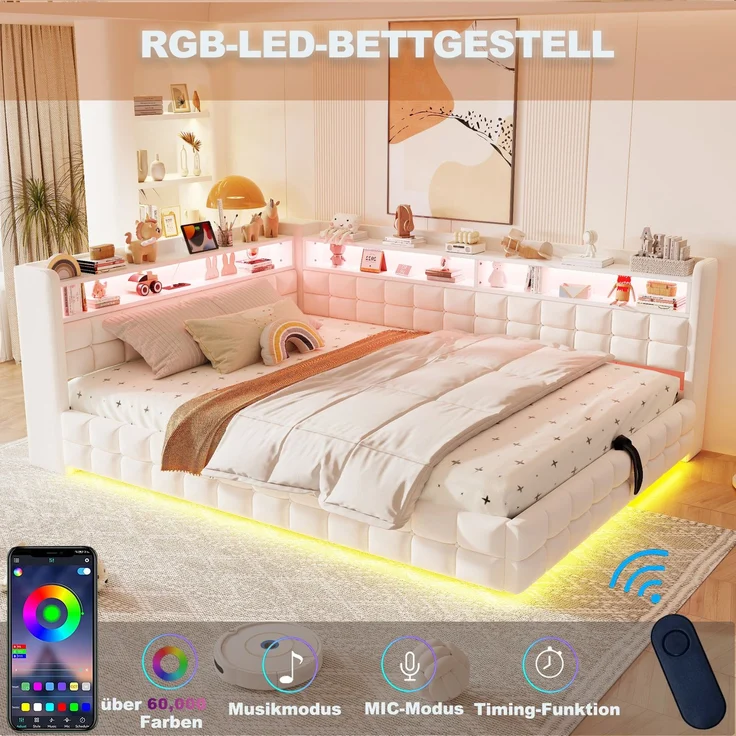 EINHOM Multifunktionales Polsterbett Schlafsofa 140 x 200 cm, mit Hydraulischem Stauraum, Holzregal, LED-Lichtleiste, Steckdose, USB- und Typ-C-Ladeanschlüssen, Lattenrost-Unterstützung, Samtstoff Beige (Ohne Matratze) – Bild 7