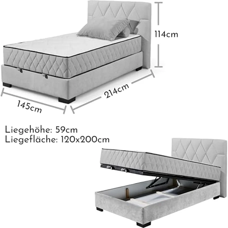 Stella Trading NAGOL B Boxbett 120x200, Silber - Bequemes Bett mit Bettkasten und Premium 9-Zonen-Federkern Wendematratze - 145 x 114 x 214 cm (B/H/T) – Bild 4