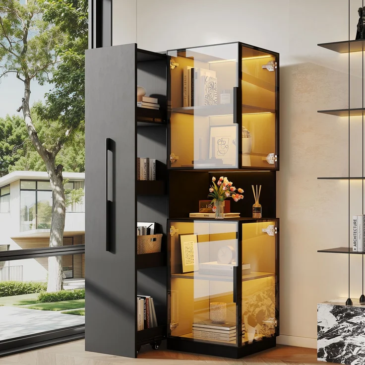 Vitrine 70 x 38 x 160 cm aus MDF und Glas mit ausziehbaren Seitenregalen & LED-Beleuchtung – Bild 1