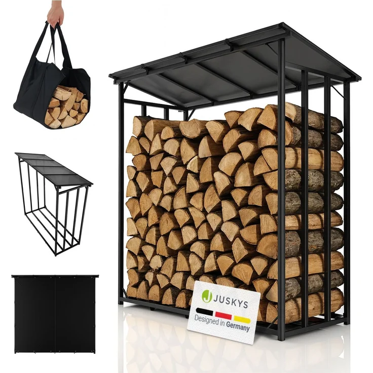 Juskys Kaminholzregal mit Dach - 185 cm, Metallregal für Brennholz, wetterfest, UV-beständige Plane, erhöhte Bodenfreiheit, Outdoor – Bild 1