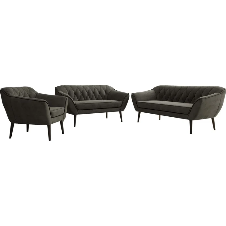 Wohnzimmerset PIRS 1-2-3, Skandinavisches Komplettset, Wellenfederung, schwarze Füße, Sitzgruppe, Möbelset - Dunkelgrau Velvet – Bild 6