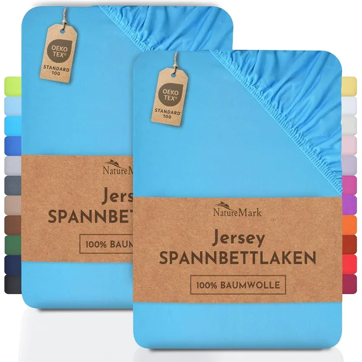 NatureMark 2er Pack Jersey Spannbettlaken, Spannbetttuch 100% Baumwolle in vielen Größen und Farben MARKENQUALITÄT ÖKOTEX Standard 100 | 200x220 cm +40 Steg - türkis