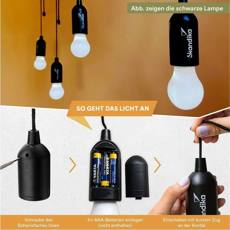 Skandika LED Gartenleuchte Campinglampe Narvik 4er-Set, hängend, tragbare Zeltlampe, Pull Light, batteriebetriebene Glühbirne mit Zugschalter, Outdoor, Keller, Garage – Bild 2
