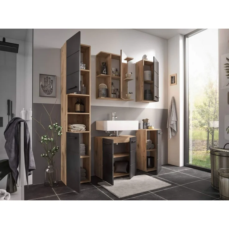 moebel-dich-auf Badezimmer-Set VALENCIA, (Hochschrank, Waschbeckenunterschrank, Spiegelschrank, Hängeschrank, Kommode, MDF-Fronten tiefgezogen, Korpus melaminbeschichtet) – Bild 3