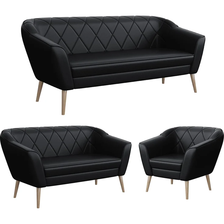 MEBLINI Sofa-Set GISELA 3+2+1 - Schwarz Kunstleder - für Wohnzimmer - Mini Lounge für sechs Personen - Küchensofa - Sofa Klein - Sitzgarnitur - Polstergarnitur - Sofagarnituren – Bild 1