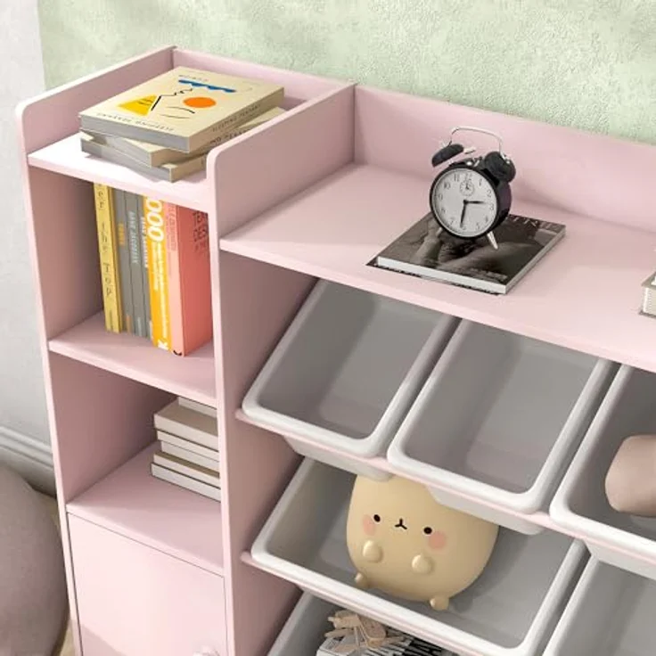 AIYAPLAY Kinderregal mit 8 herausnehmbaren Boxen, 4 offenen Fächern, 2 Schränkfach, Kinderregal 1-tlg, für Kinderzimmer, Spielzimmer, Wohnzimmer, 140 x 30 x 90 cm, Rosa – Bild 9