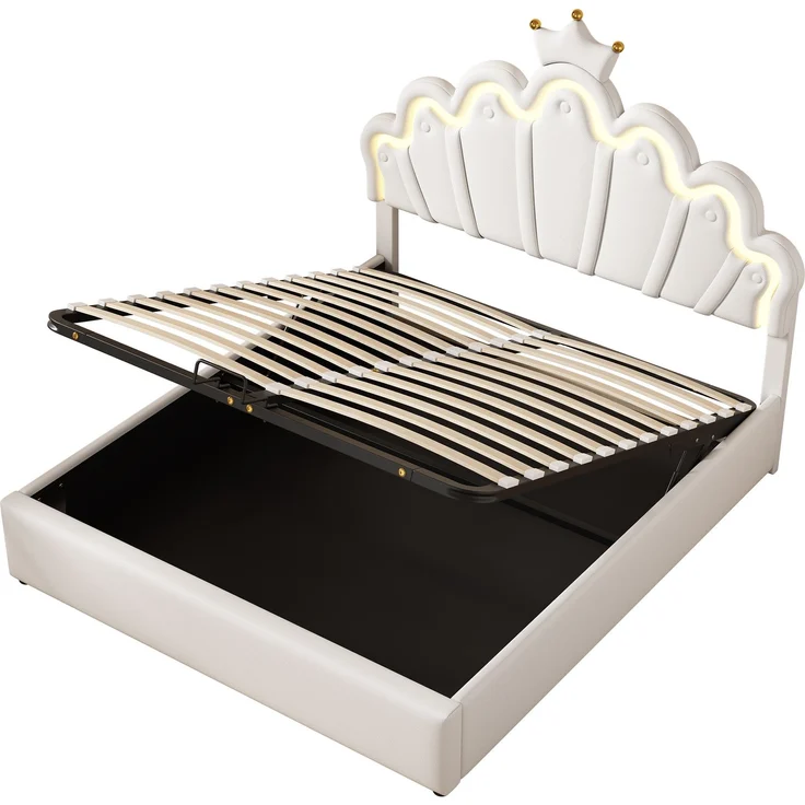 Prinzessinnenbett 140x200 cm, gepolstertes Bett mit LED-Beleuchtung und hydraulischem Stauraum, Kunstleder Weiß,mit Wolkenkopfteil und Krone – Bild 9
