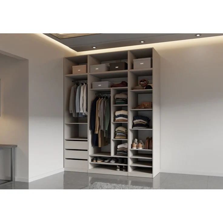 Marmex Möbel Tres Set-E/N Offen Mehrzweckschrank, Garderobenschrank mit Aufsatz, Begehbarer Kleiderschrank mit Regalen, Schubladen und Kleiderstangen, laminierte Spanplatte, graubeige cashmere 200x246x51 cm – Bild 1