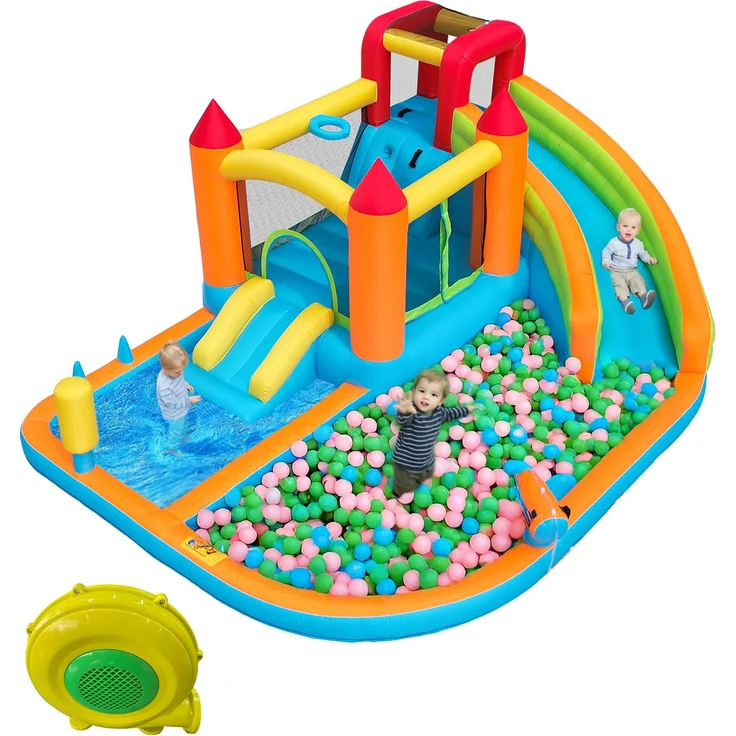 LVHOM Aufblasbare Hüpfburg mit Gebläse, Spielpool, Trocken-/Wasserrutsche, Springburg Outdoor, Wasserpark mit Trampolin, Planschbecken, 460 x 343 x 190cm – Bild 1