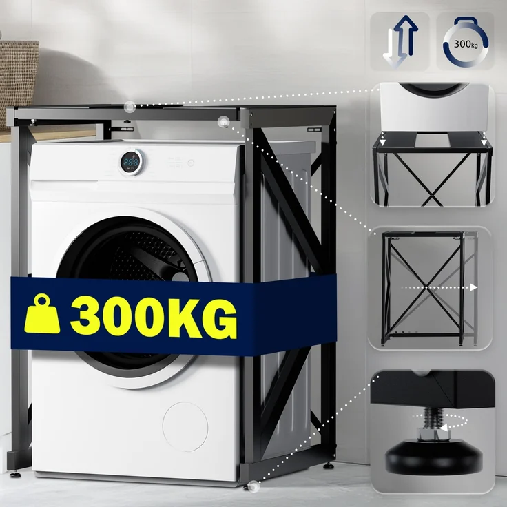 DELUKE® Stapelgestell für Wäschetrockner auf Waschmaschine RALF - Stahlgestell 300kg Tragkraft | Waschmaschinengestell Waschmaschinenregal Überbau, Schwarz – Bild 2