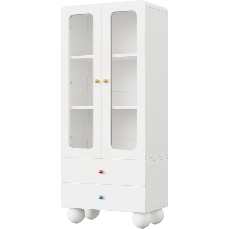ZUBALIYA Glasvitrine, Kinder-Aufbewahrungsschrank, Bücherregal mit Schubladen, Büroschrank, Figurenvitrine, Bunte Keramikgriffe, Kugelförmige Schrankfüße,, Multifunktionsschrank, Weiß, 60 x 35 x 140 cm – Bild 13