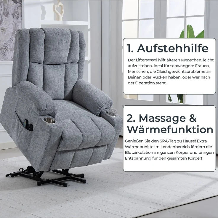 Elektrischer Sessel 91x84x106 cm in Hellgrau mit Aufstehhilfe, Massagefunktion, Wärme und Getränkehalter – Bild 7