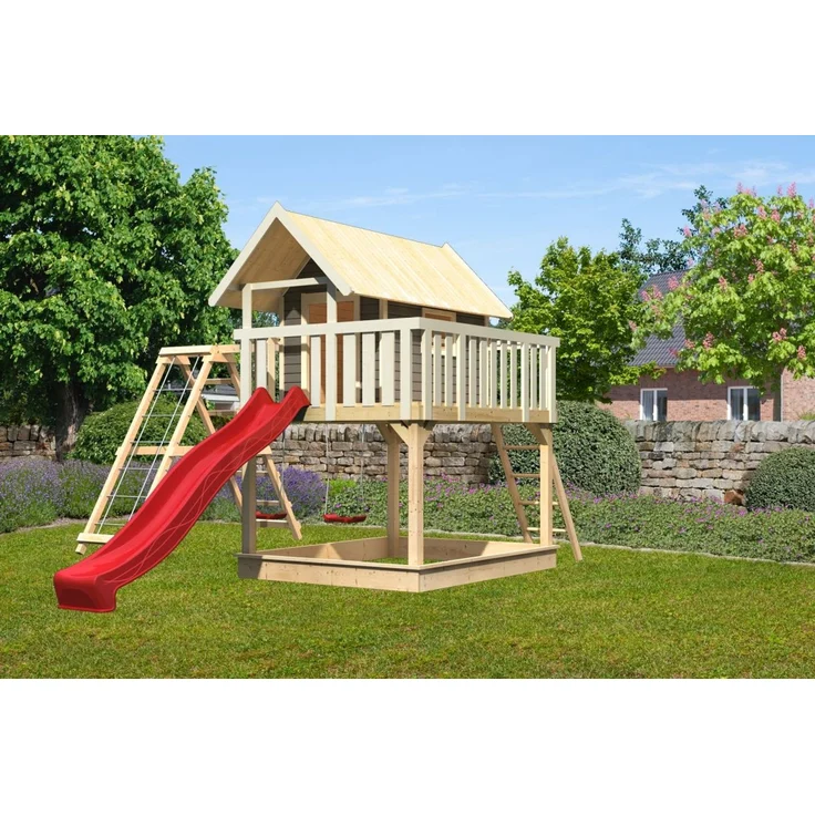 Stelzenhaus FIDEL terragrau mit Kletterlschaukel und Rutsche rot