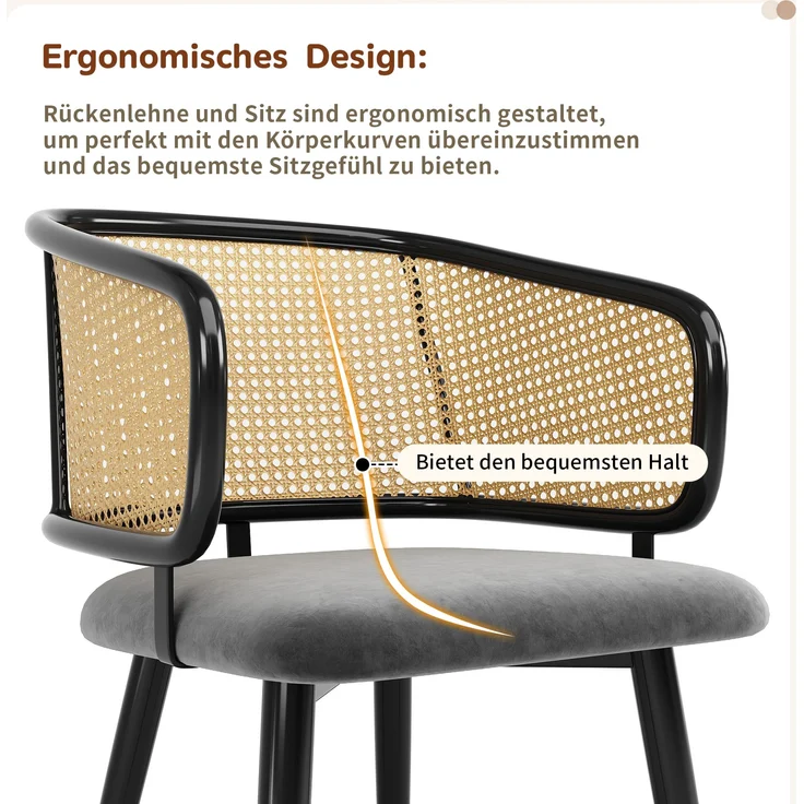 4 Esszimmerstühle mit Rattan-Rückenlehne & Samtkissen, 47x47x79 cm, Grau – Bild 5