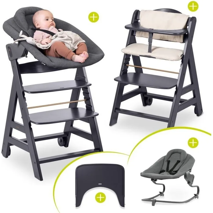 Hauck Hochstuhl Beta Plus Dark Grey - Newborn Set, Babystuhl ab Geburt inkl. Aufsatz für Neugeborene, Tisch, Sitzauflage