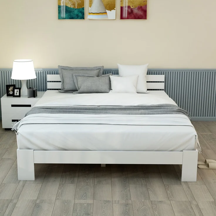 Holzbett Massivholz mit Lattenrost, 140x200 cm, Weiß, ohne Matratze – Bild 9