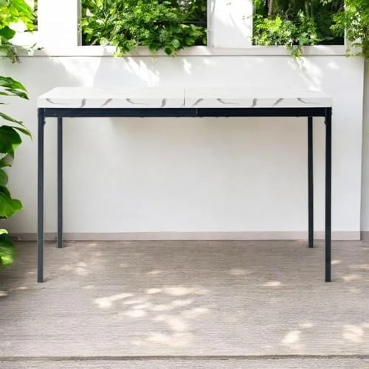 FurnitureR Garten-Bartische aus weißem Marmorimitat, für 4 bis 6 Personen, Dicke Holzplatte mit Metallstruktur, für Terrasse, Terrasse, Esszimmer, Garten, 120 x 70 x 75 cm – Bild 1