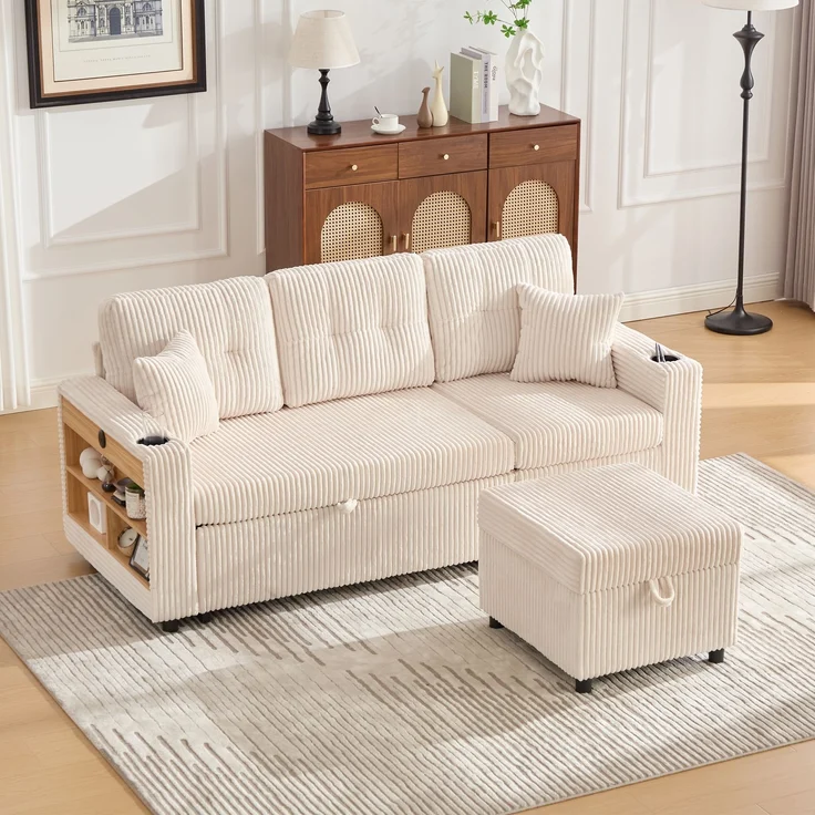 ZUBALIYA Sofa 144x85 cm, mit LED - Beleuchtung, mit USB - Anschluss, mit Stauraum, mit Ablageflächen, mit Ausziehbett – Bild 2