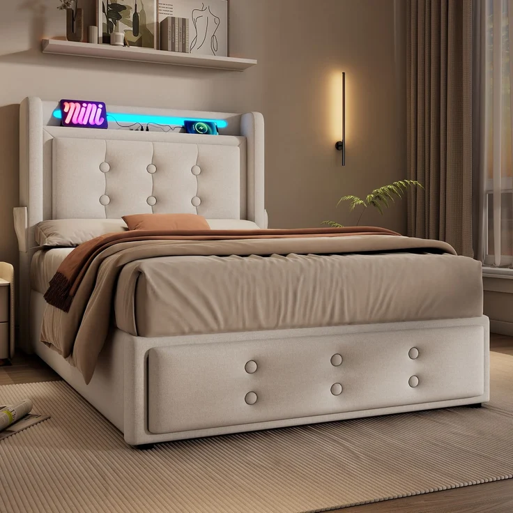 Einzelbett 90x200 cm mit Kopfteil, LED-Beleuchtung, USB Type-C Steckdose, Stauraum & Baumwoll-Leinenbezug,Beige – Bild 5