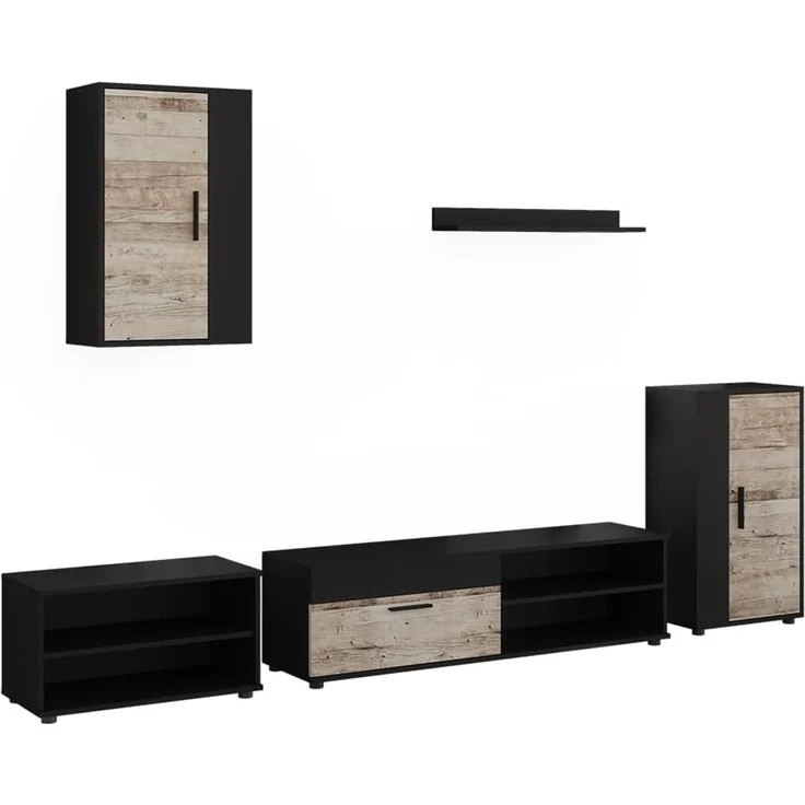 Wohnwand Berno Schwarz/Sandeiche 5-teiliges Set Vicco – Bild 1