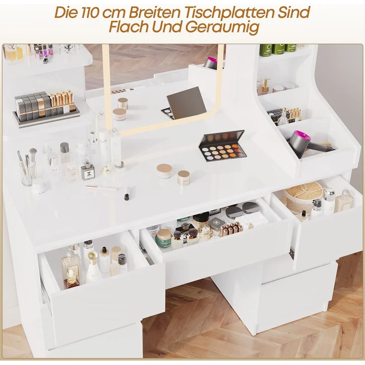 Devoko Schminktisch mit LED-Spiegel, Schubladen, Ablagefächer, Touch-Bedienung, Holzwerkstoff / Glas, Weiß, 110 x 50 x 140 cm – Bild 6