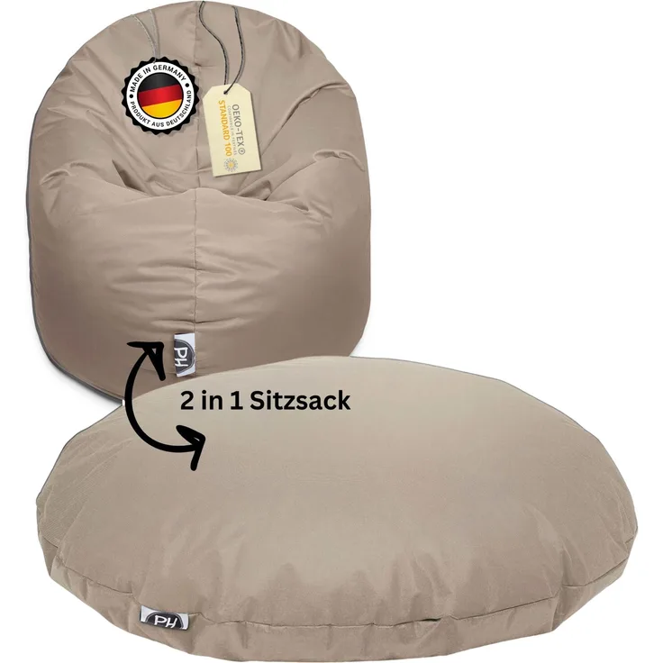 PATCH HOME 2 in 1 Sitzsack Sessel – Ø125 cm – Beige, bequemer Sitzsack aus Luxus-Polyester-Gewebe, bereits befüllt
