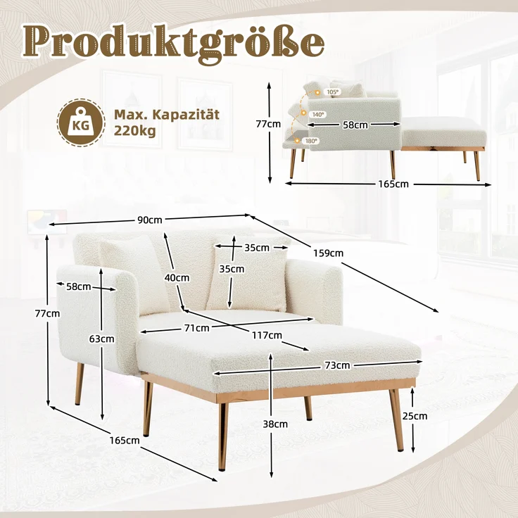 LVHOM Klappsofa mit Schlaffunktion, Schlafsofa Samtbezug mit goldenen Metallbeine, Klappbett Bettsofa Bettcouch, Chaiselounge, Weiß – Bild 5