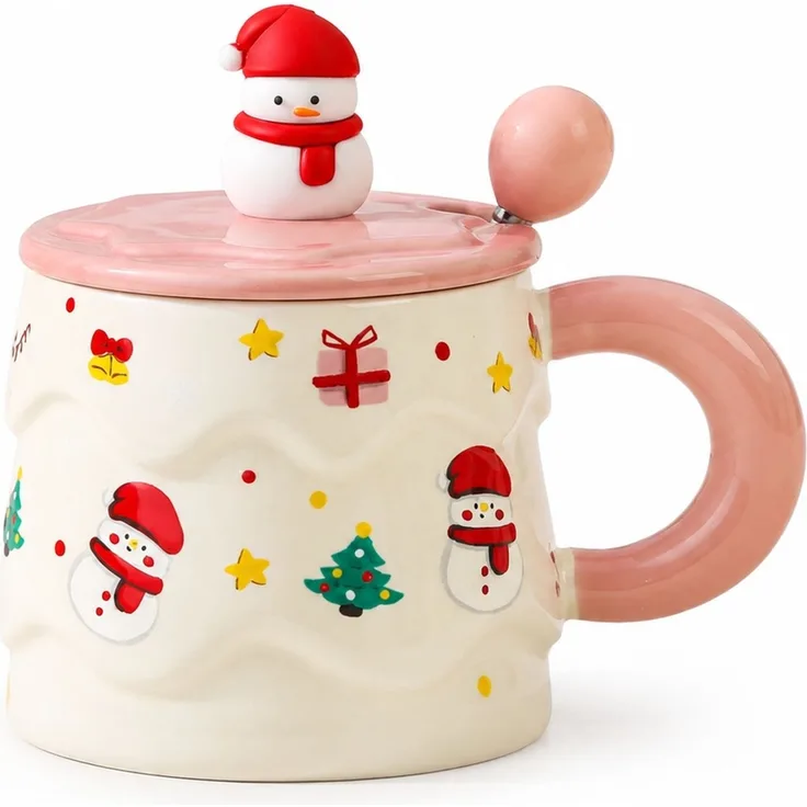 Keramiktasse mit Deckel und Löffel Weihnachtsmotiv Kaffeetasse Rosa 16 x 12 x 14 cm