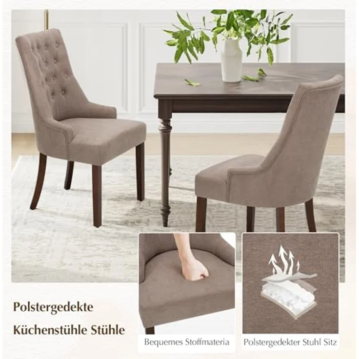 COLAMY Esszimmerstühle 2er Set, Moderne Küchenstuhl Gepolsterte Esszimmerstühle im Wingback, Polsterstuhl Wohnzimmerstuhl mit Knopfsteppung für Esszimmer, Küche, Restaurant mit Holzbeinen, Taupe – Bild 5