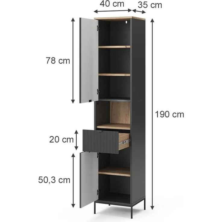 Vicco Hochschrank Eliza, Schwarz/Viking Oak, 40 x 190 cm mit 2 Türen und 1 Schublade (1-St) – Bild 3