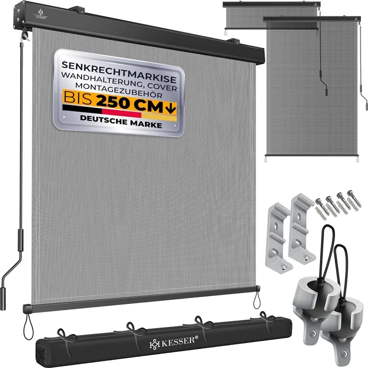 KESSER® Senkrechtmarkise Außenrollo Handkurbelmechanismus Balkonrollo Sonnen & Sichtschutz Beschattung Sonnenschutz Außen Rollo mit Kurbel Markisenkasten Balkon & Terrasse Inkl. Montageset & Abdeckung 160 x 250cm, Transparent / Anthrazit