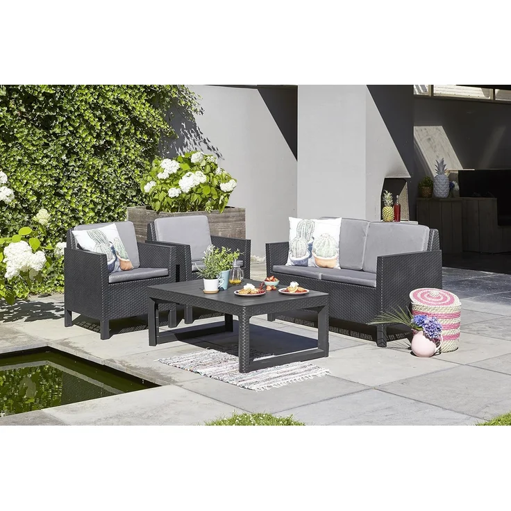 Allibert Polyrattan Balkon und Garten Lounge-Set "Chicago" mit höhenverstellbarem Tisch, graphit,2-Sitzer-Sofa, 2 Sessel und Tisch – Bild 2