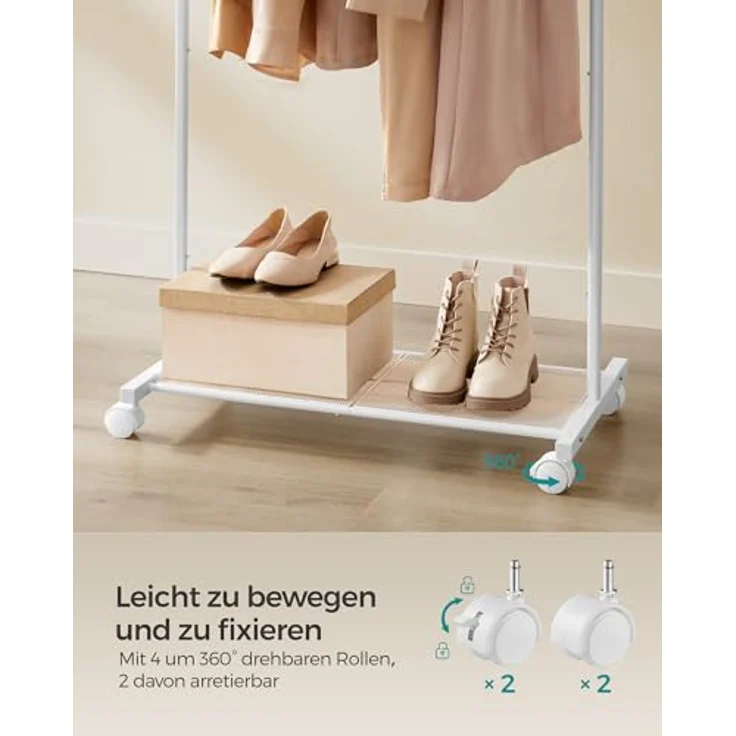 Songmics Kleiderständer, Kleiderstange auf Rollen, Garderobenständer 74 cm breit, Rollgarderobe mit Gitterablage, bis 35 kg belastbar, 2 Rollen arretierbar, Stahlrahmen, weiß HSR130W01 – Bild 6