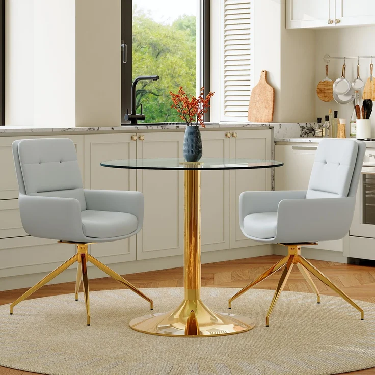 Esstischgruppe H 76 x T 85 x B 85 cm aus Glas und Metall mit 2 drehbaren Stühlen in Hellgrau – Bild 1