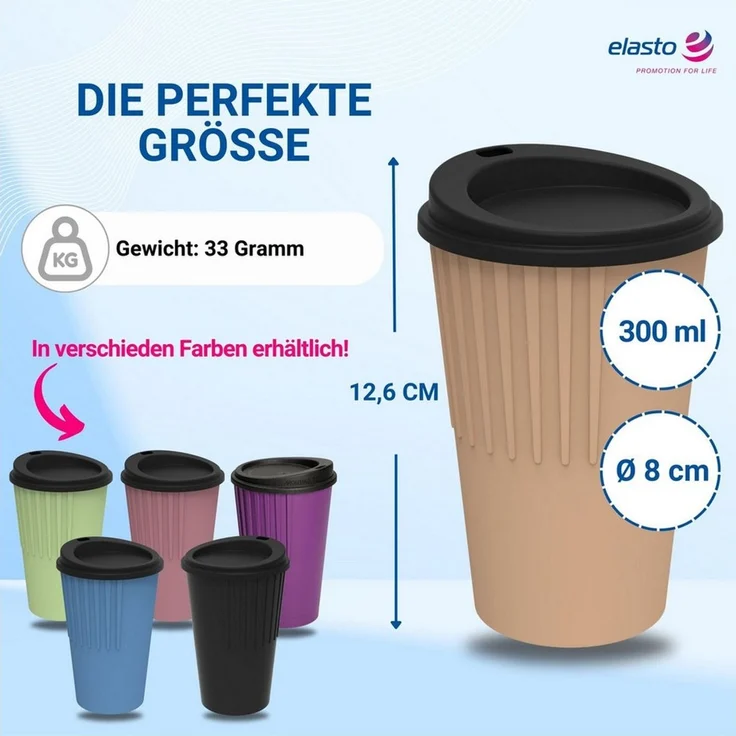 elasto Coffee-to-go-Becher Kaffeebecher 300 ml Trinkbecher mit Deckel und Riffel-Optik, Made in Germany, BPA-frei, 100% recyclebar, Heißgetränke, Teebecher – Bild 4
