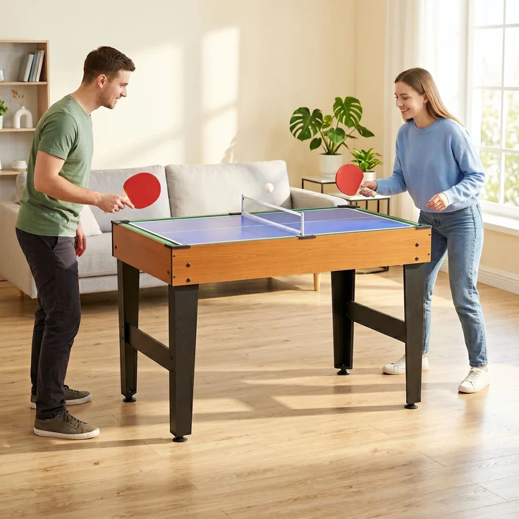 MELAYR, 4-in-1 Partyspieltisch inkl. Tischtennis, Kicker, Billard, Tischhockey, 107 x 61 x 84.5 cm, Naturholz+Schwarz – Bild 4